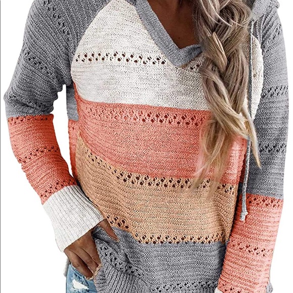 Sweaters - Color Block Hoodie Striped Knit Pullover Sweater